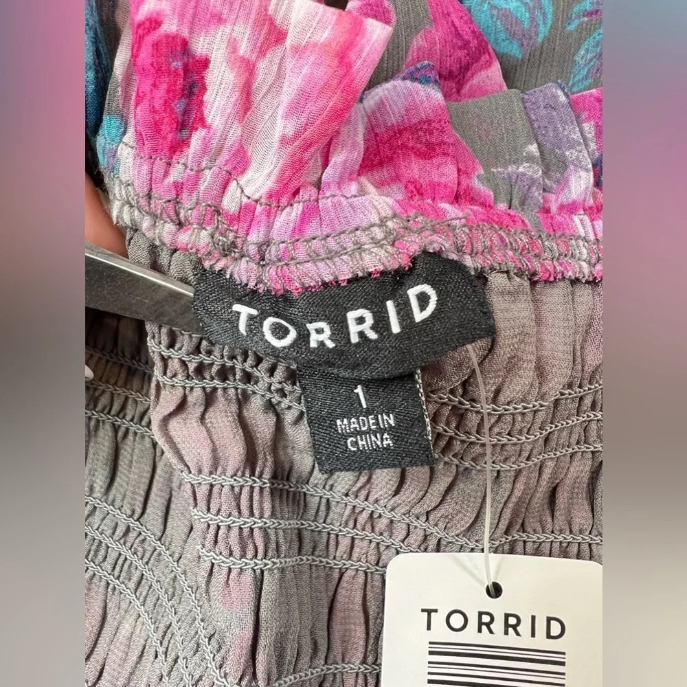 Torrid Crinkle Floral Chiffon Smocked Ruffle Off Shoulder Crop Top Blouse Size 1 - Picture 11 of 14